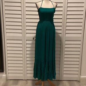 R. Vivimos  Rusched Backless Teal Halter Maxi Dress,adjustable in the back.